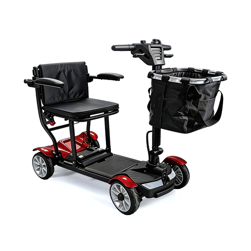 A lightweight folding power chair being folded easily for cruise vacation transport and travel storage
